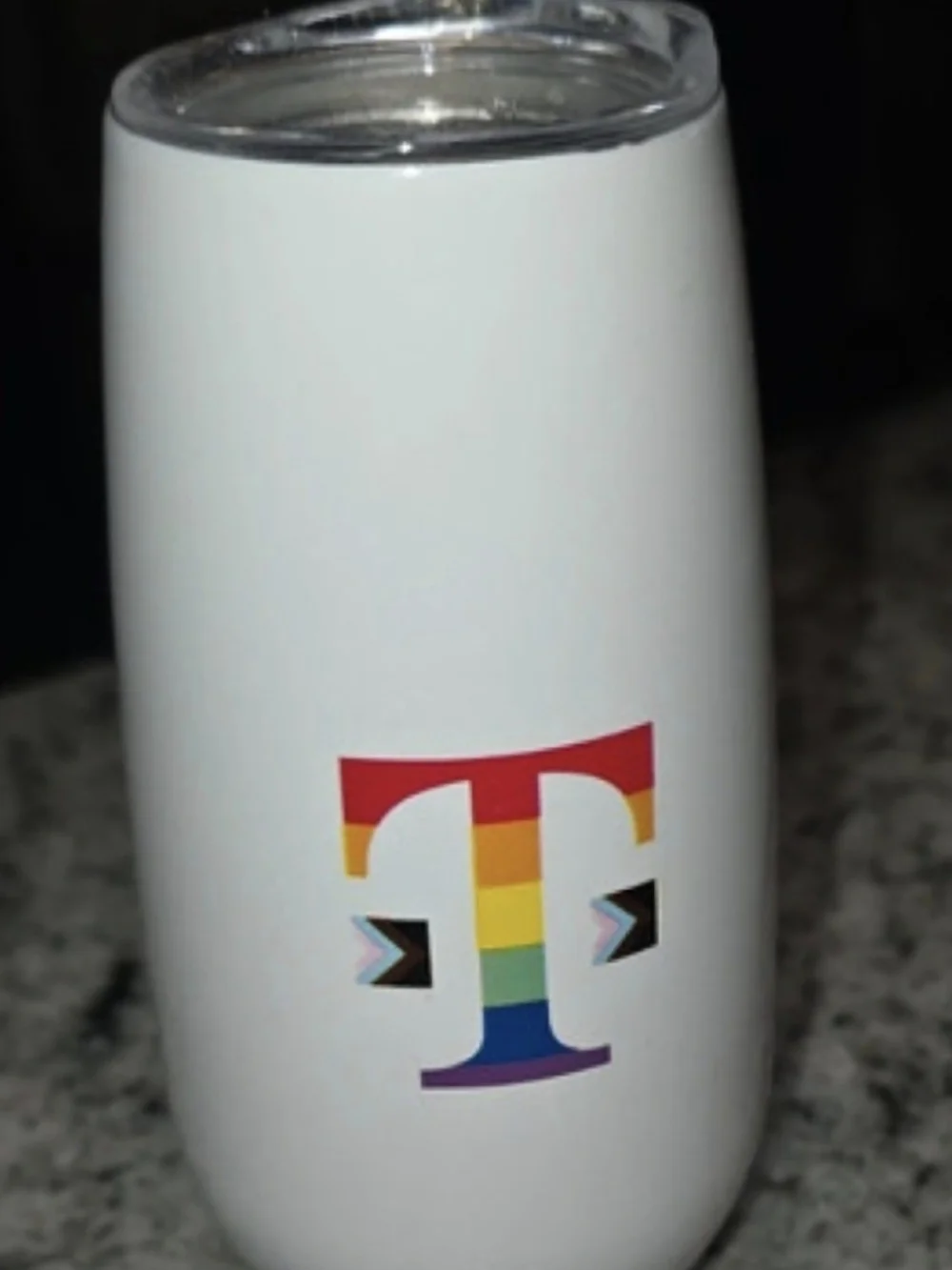 White Stainless Stemless Tumbler with Rainbow 'T' Logo